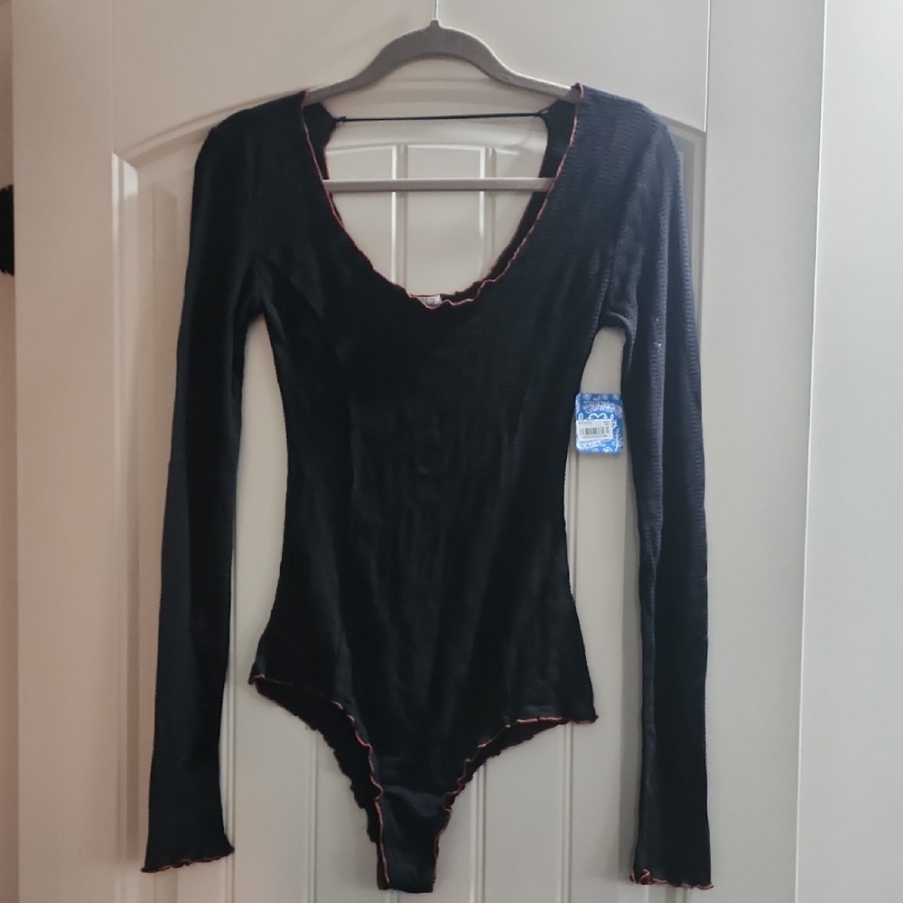 Free People Black V-Neck Long Sleeve Bodysuit